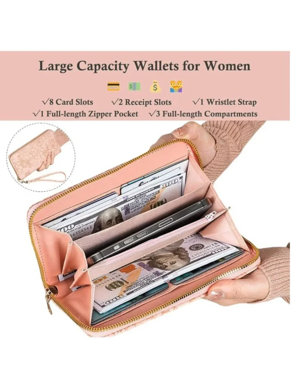 PU Leather Green Floral Embossed Wallet With Wristlet Strap Zipper Closure Multi